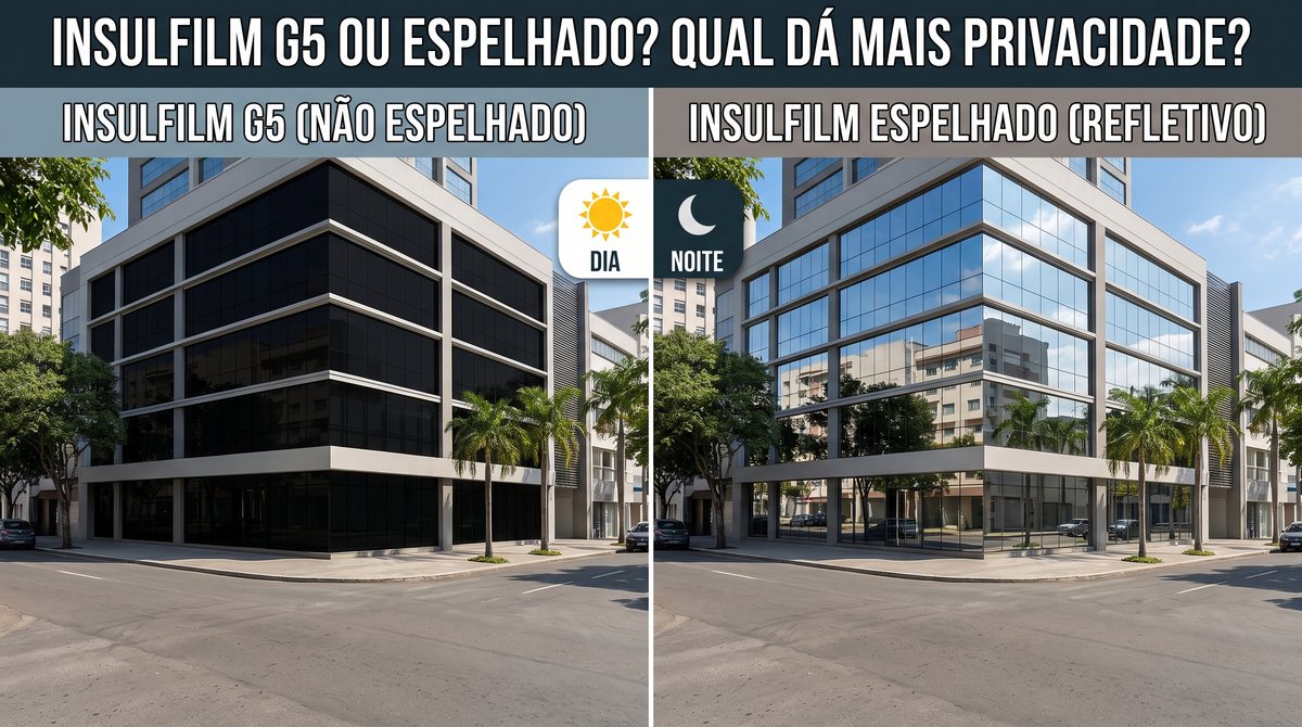 Comparação lado a lado entre fachada de vidro com insulfilm G5 escuro e com insulfilm espelhado refletivo, com os ícones de dia e noite